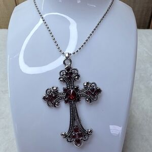 Intricate Silver and Red Cross Pendant Necklace